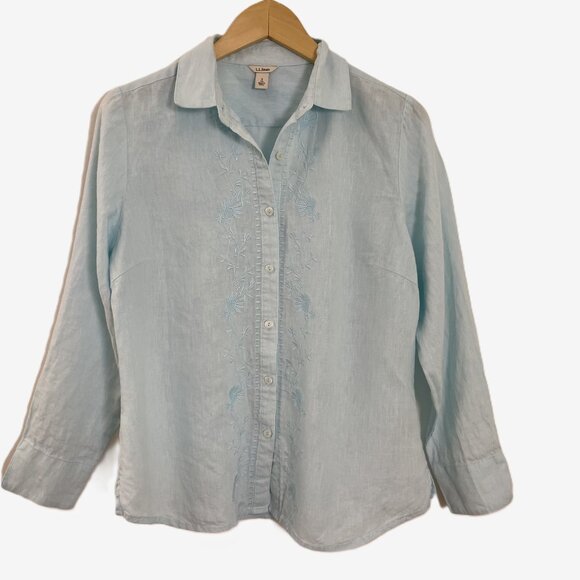 216 L.L. Bean 100% Linen Embroidered Button Front Shirt Size S - Picture 1 of 12